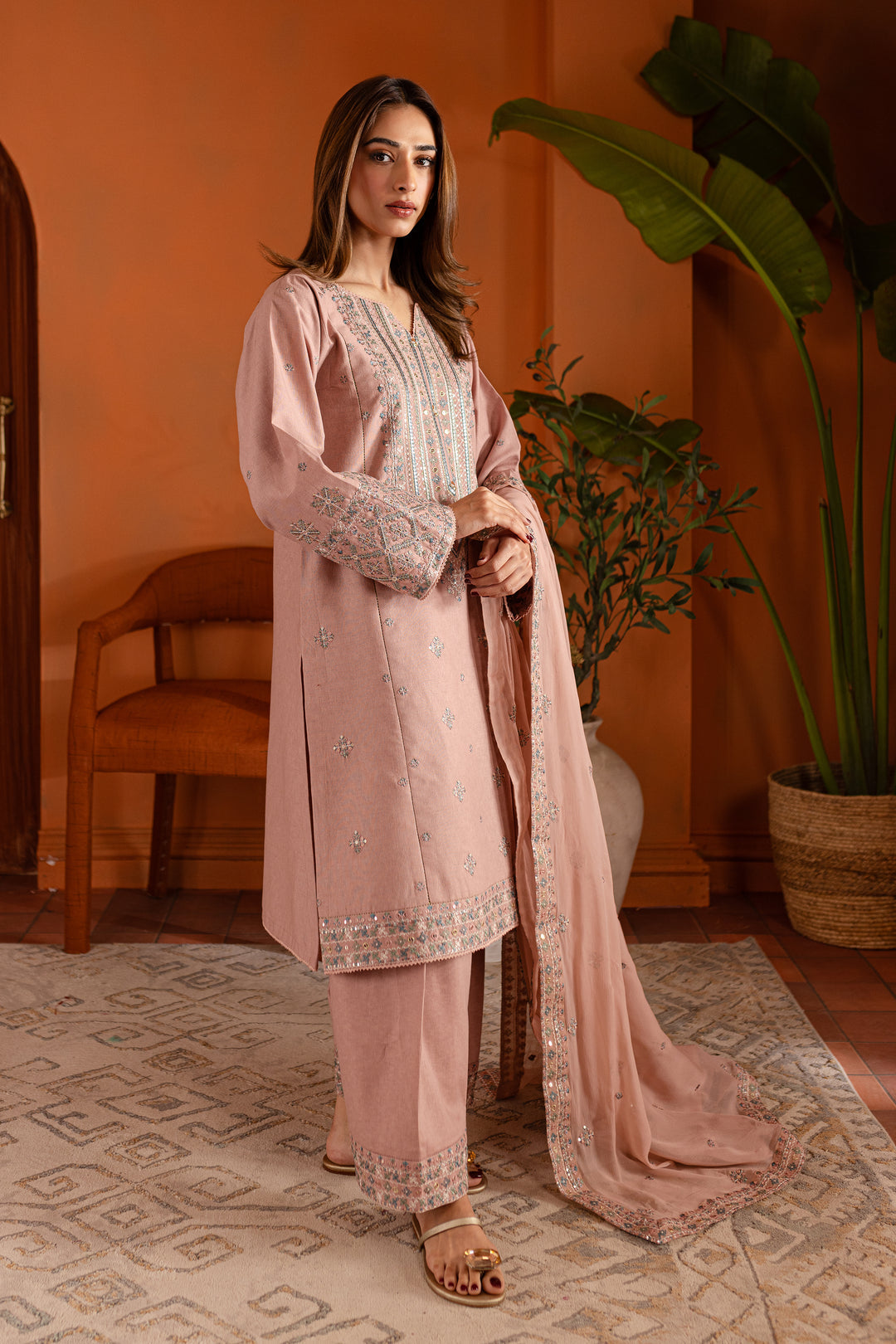 Best Selling - Pink Lotus 3Pc- Embroidered Dress