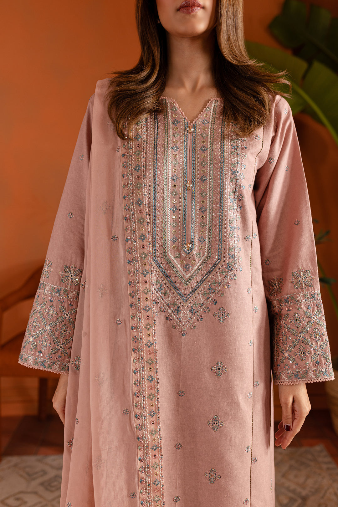 Best Selling - Pink Lotus 3Pc- Embroidered Dress