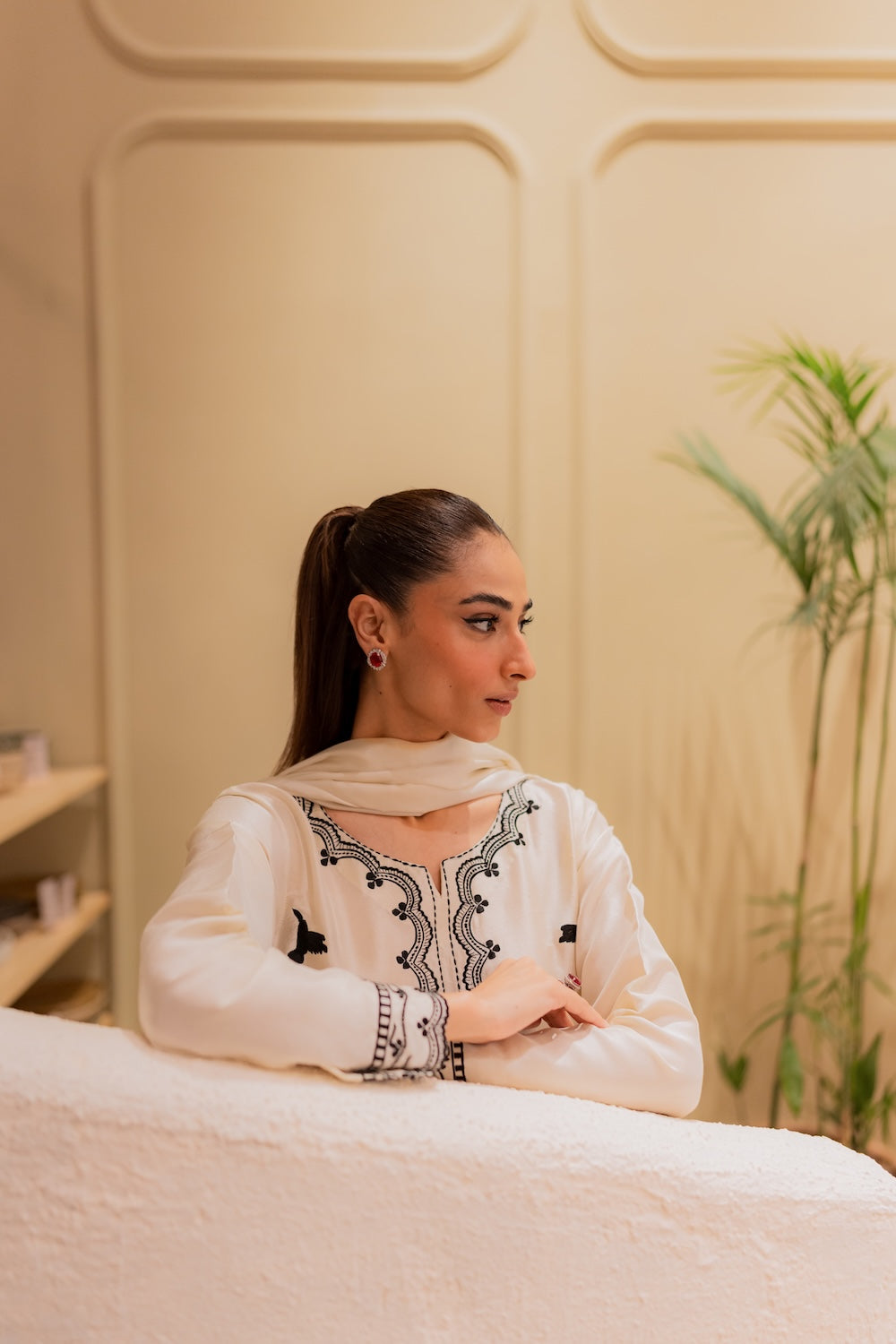 Amavi Bloom Korean Silk Embroidered Off-White Ensemble with Tailored Culottes