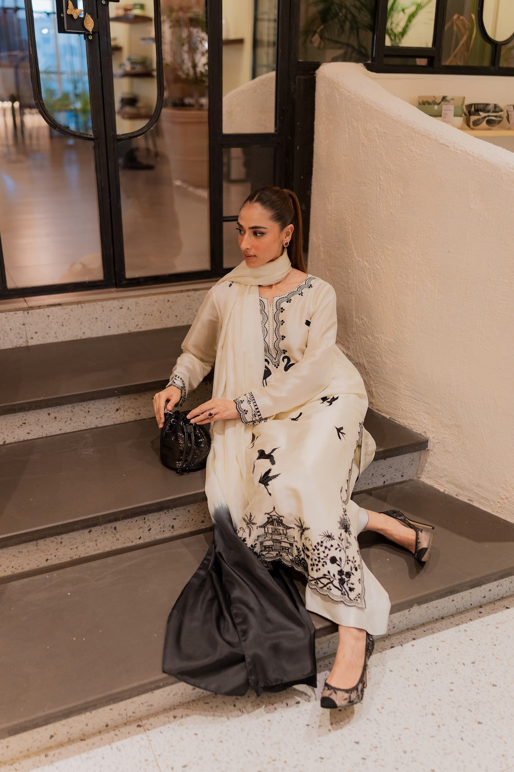 Amavi Bloom Korean Silk Embroidered Off-White Ensemble with Tailored Culottes