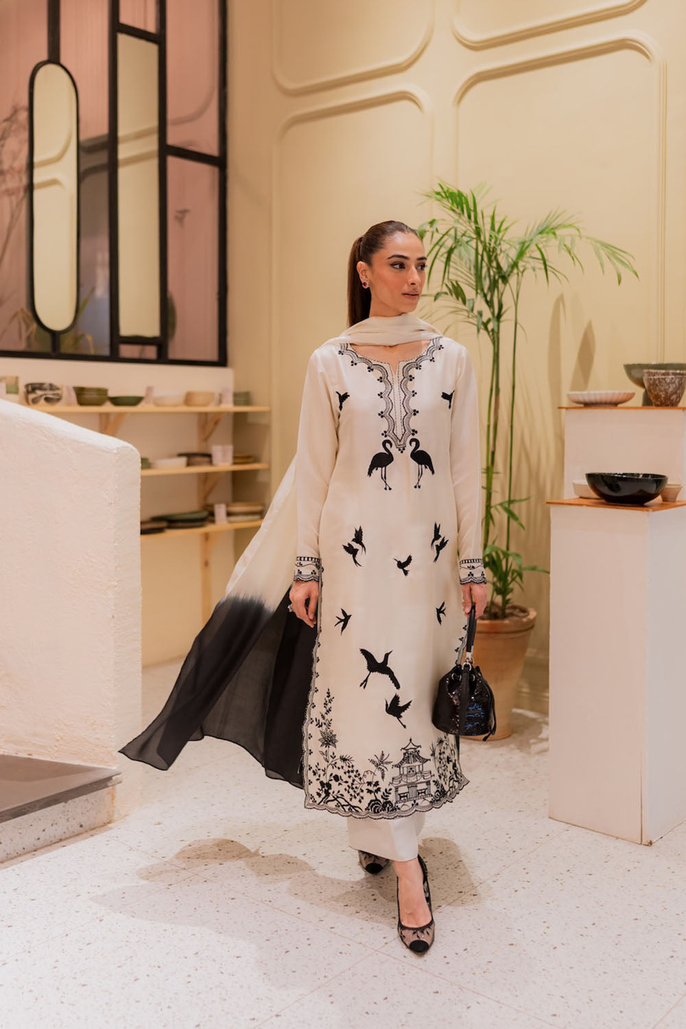 Amavi Bloom Korean Silk Embroidered Off-White Ensemble with Tailored Culottes