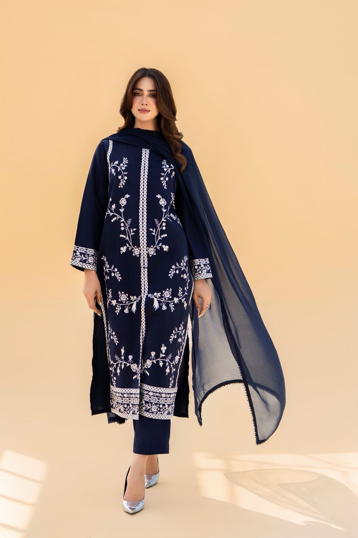 Neelzaar Elegant Dark Blue Stitched 3-Piece Embroidered Premium Lawn Suit