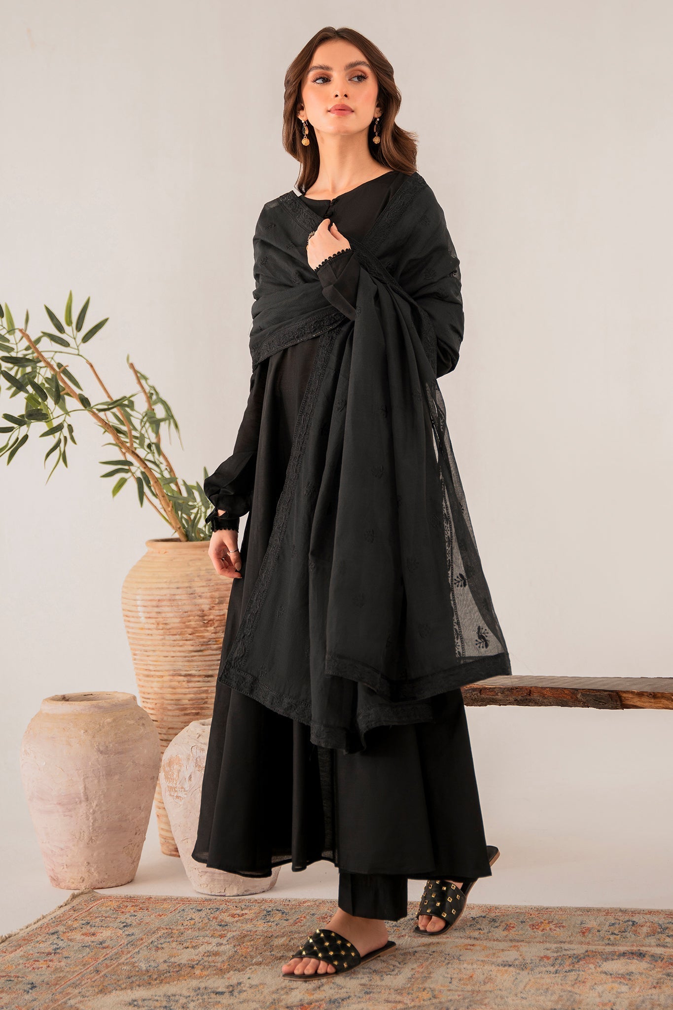 Elegant Ash Black Chambray Kattan Embroidered Cotton Net Dress Set