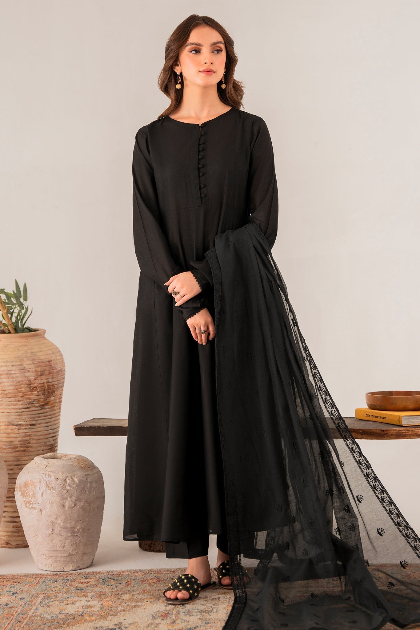 Elegant Ash Black Chambray Kattan Embroidered Cotton Net Dress Set