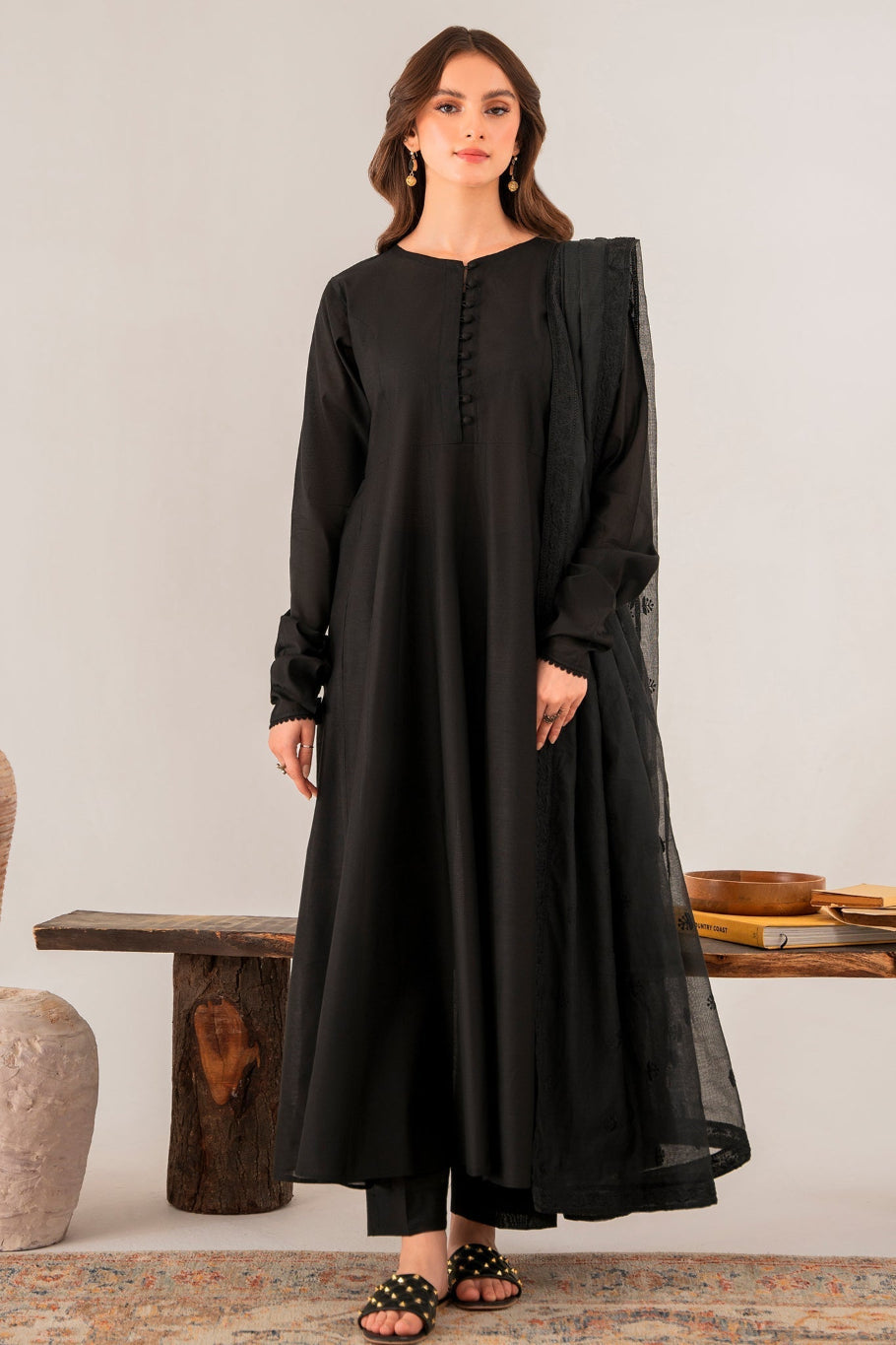 Elegant Ash Black Chambray Kattan Embroidered Cotton Net Dress Set