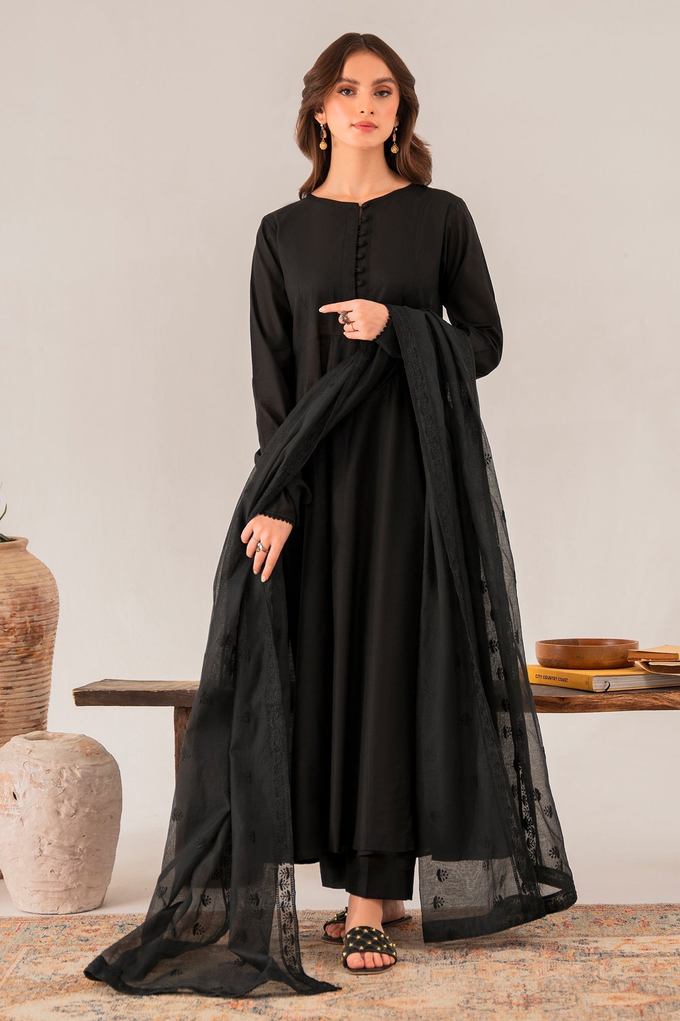 Elegant Ash Black Chambray Kattan Embroidered Cotton Net Dress Set