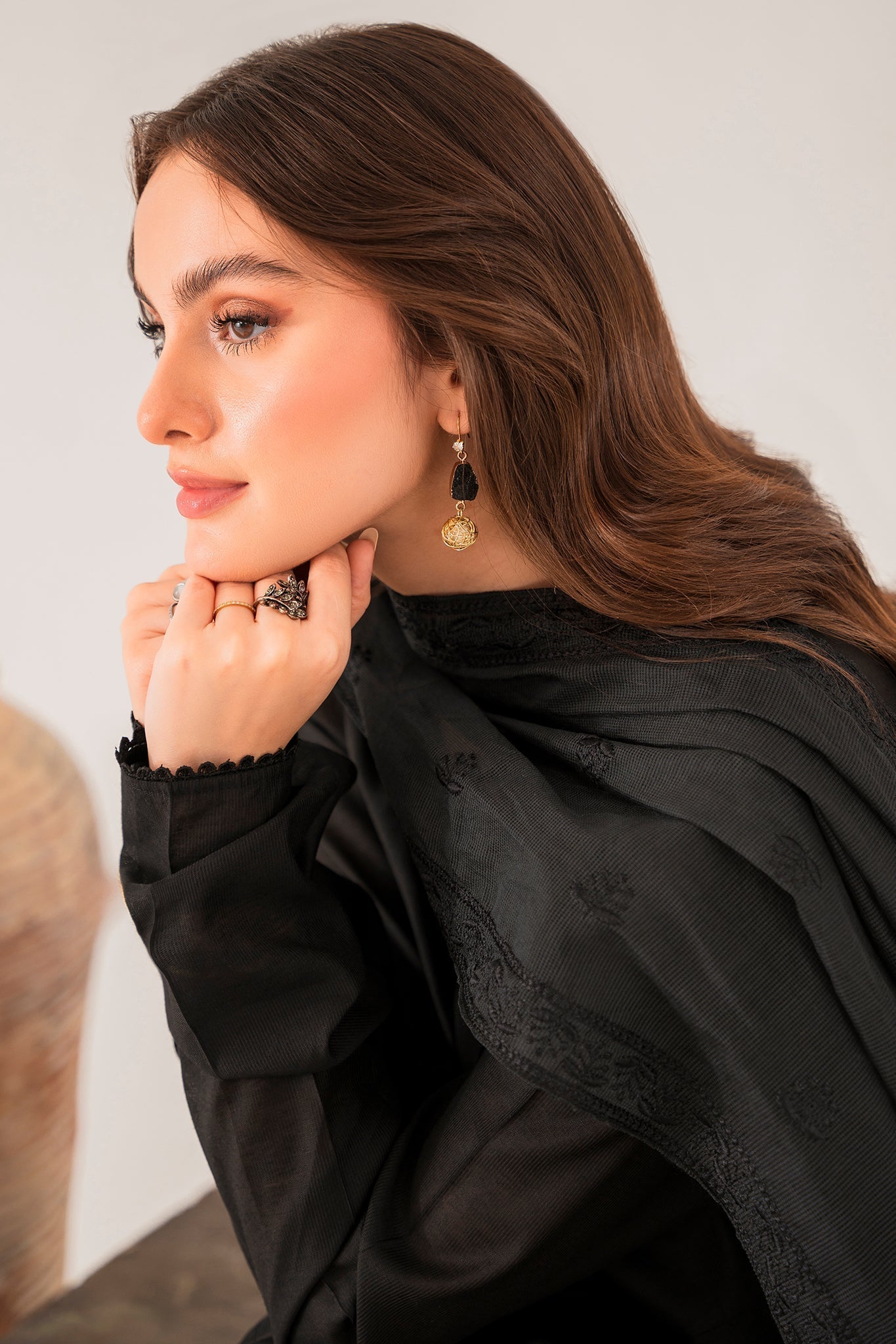 Elegant Ash Black Chambray Kattan Embroidered Cotton Net Dress Set