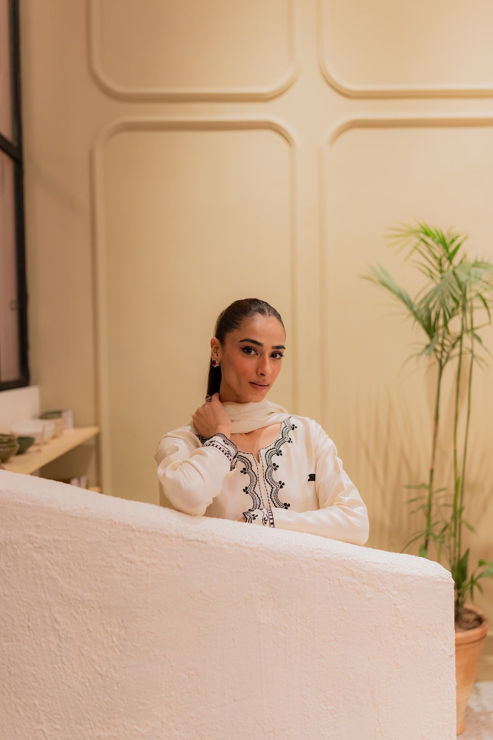 Amavi Bloom Korean Silk Embroidered Off-White Ensemble with Tailored Culottes