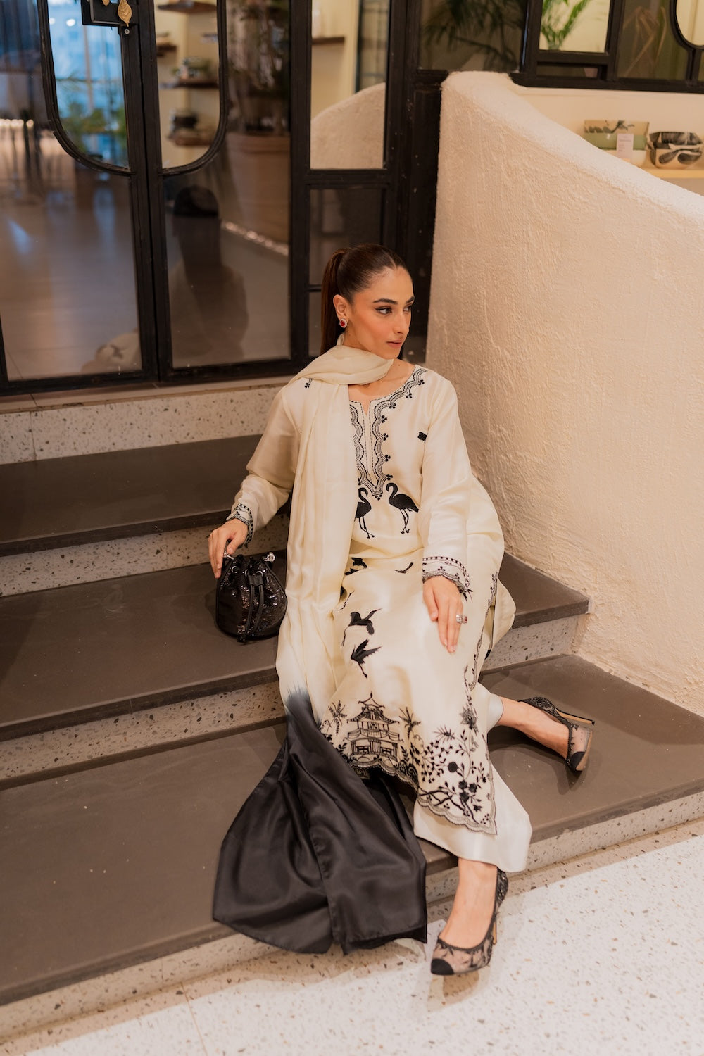 Amavi Bloom Korean Silk Embroidered Off-White Ensemble with Tailored Culottes