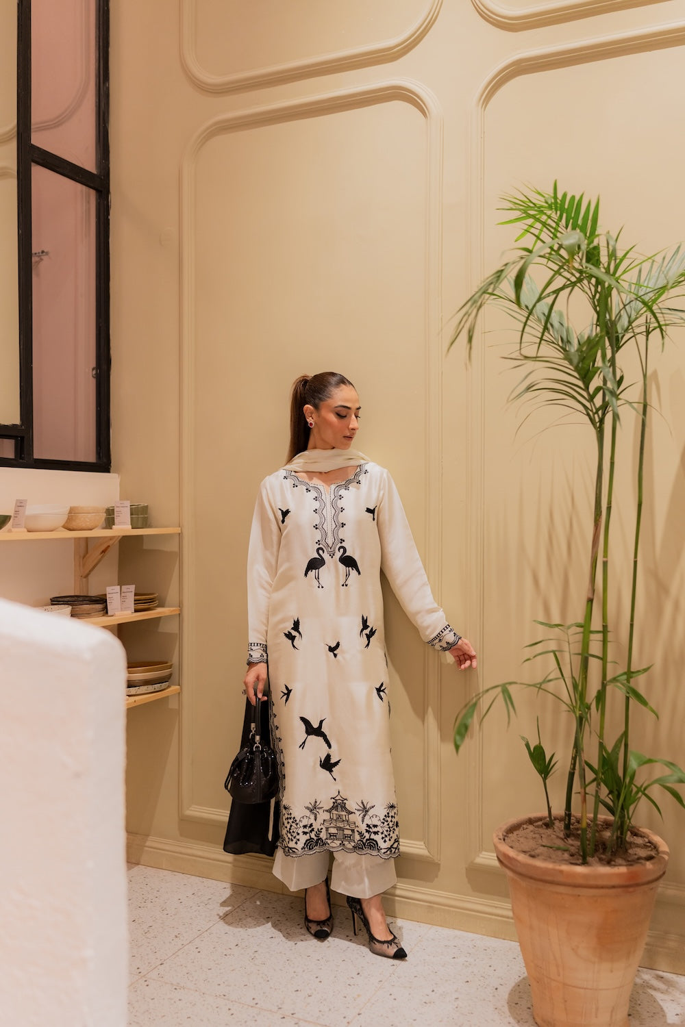 Amavi Bloom Korean Silk Embroidered Off-White Ensemble with Tailored Culottes