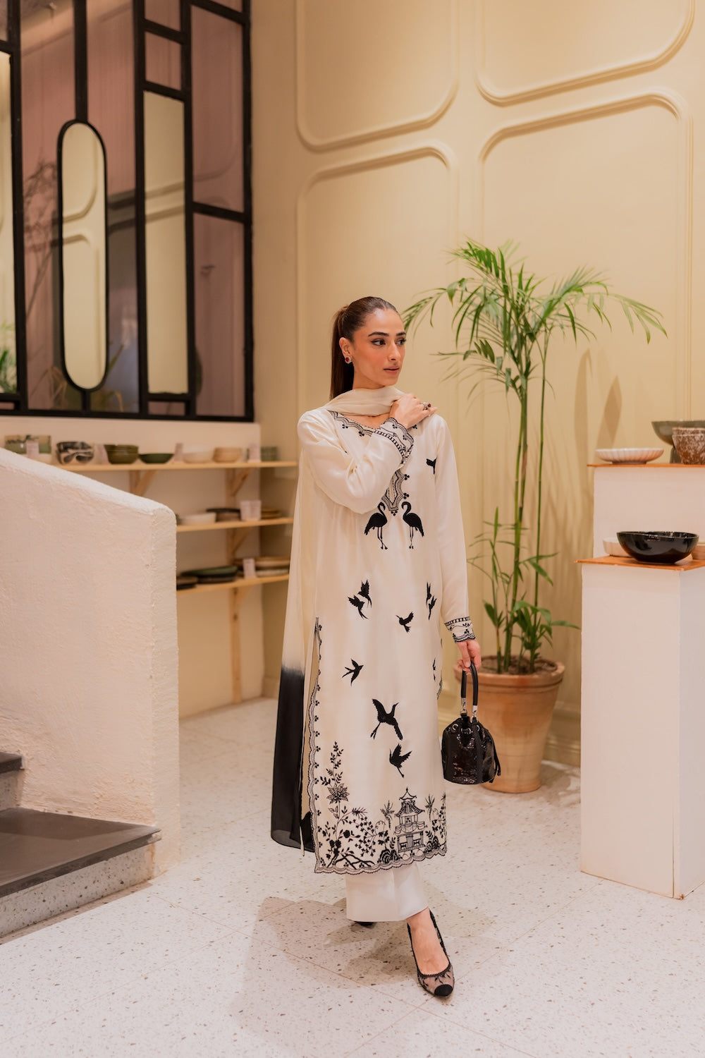 Amavi Bloom Korean Silk Embroidered Off-White Ensemble with Tailored Culottes