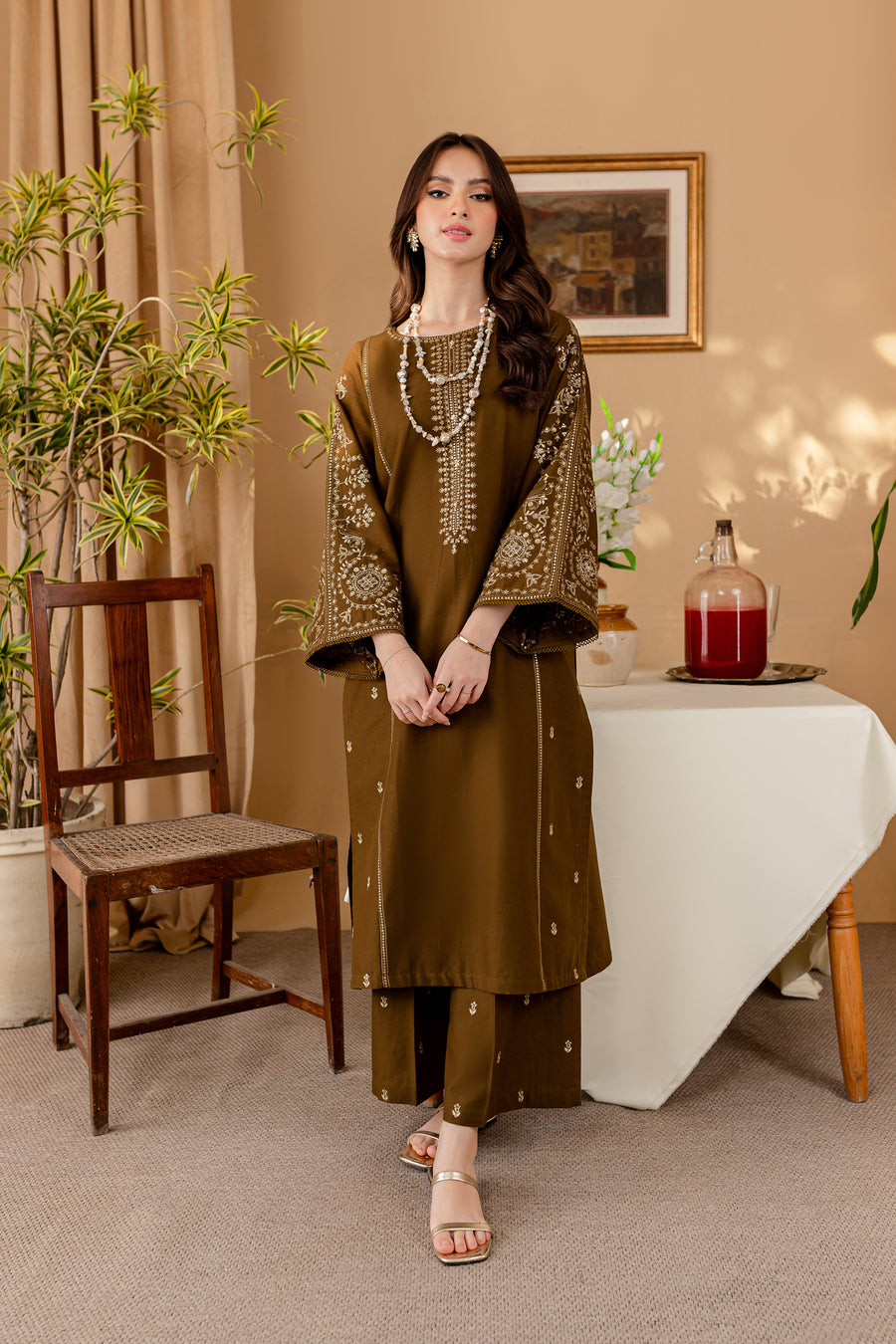 Green 2Pc - Embroidered Dress