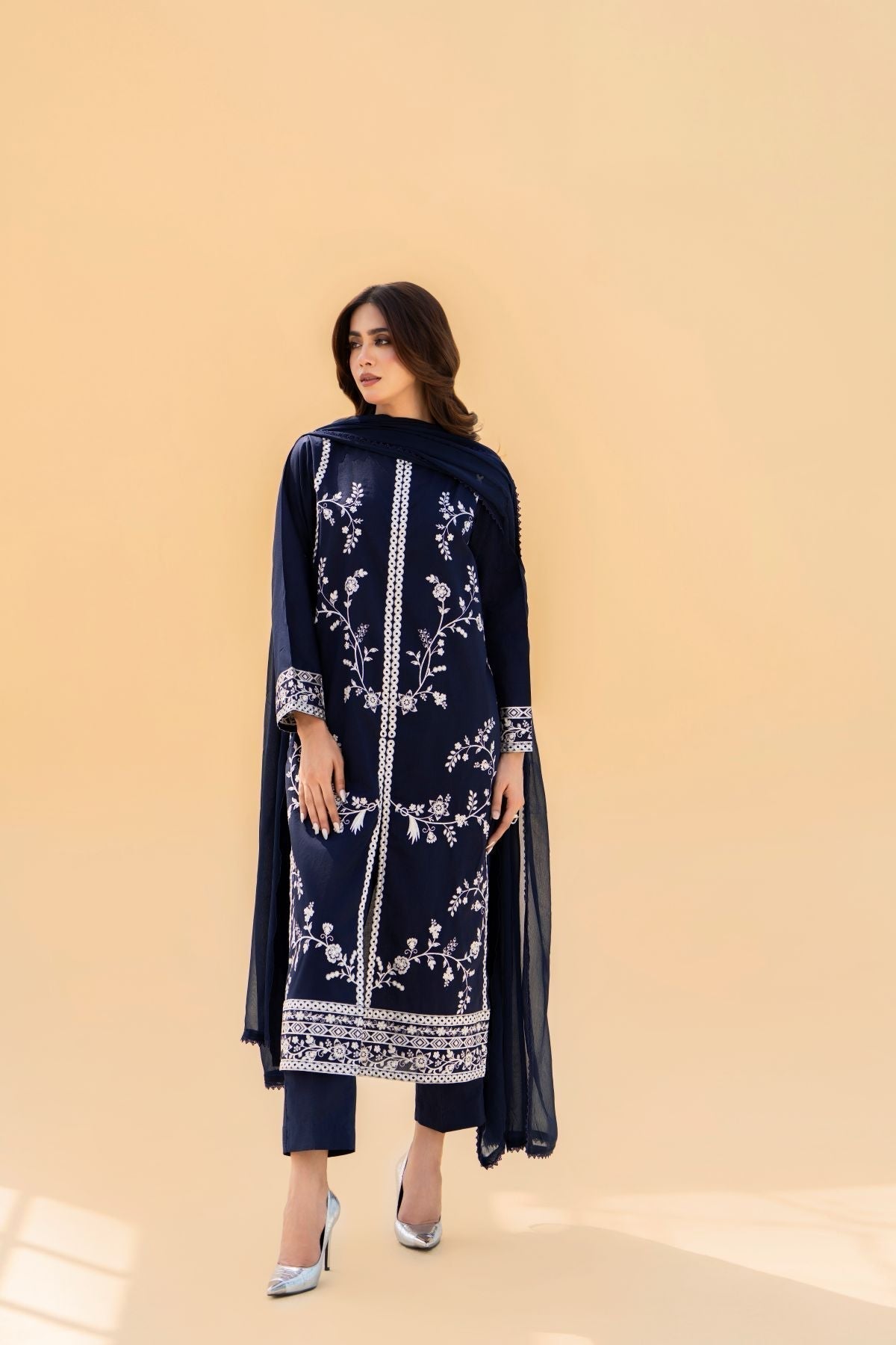 Neelzaar Elegant Dark Blue Stitched 3-Piece Embroidered Premium Lawn Suit