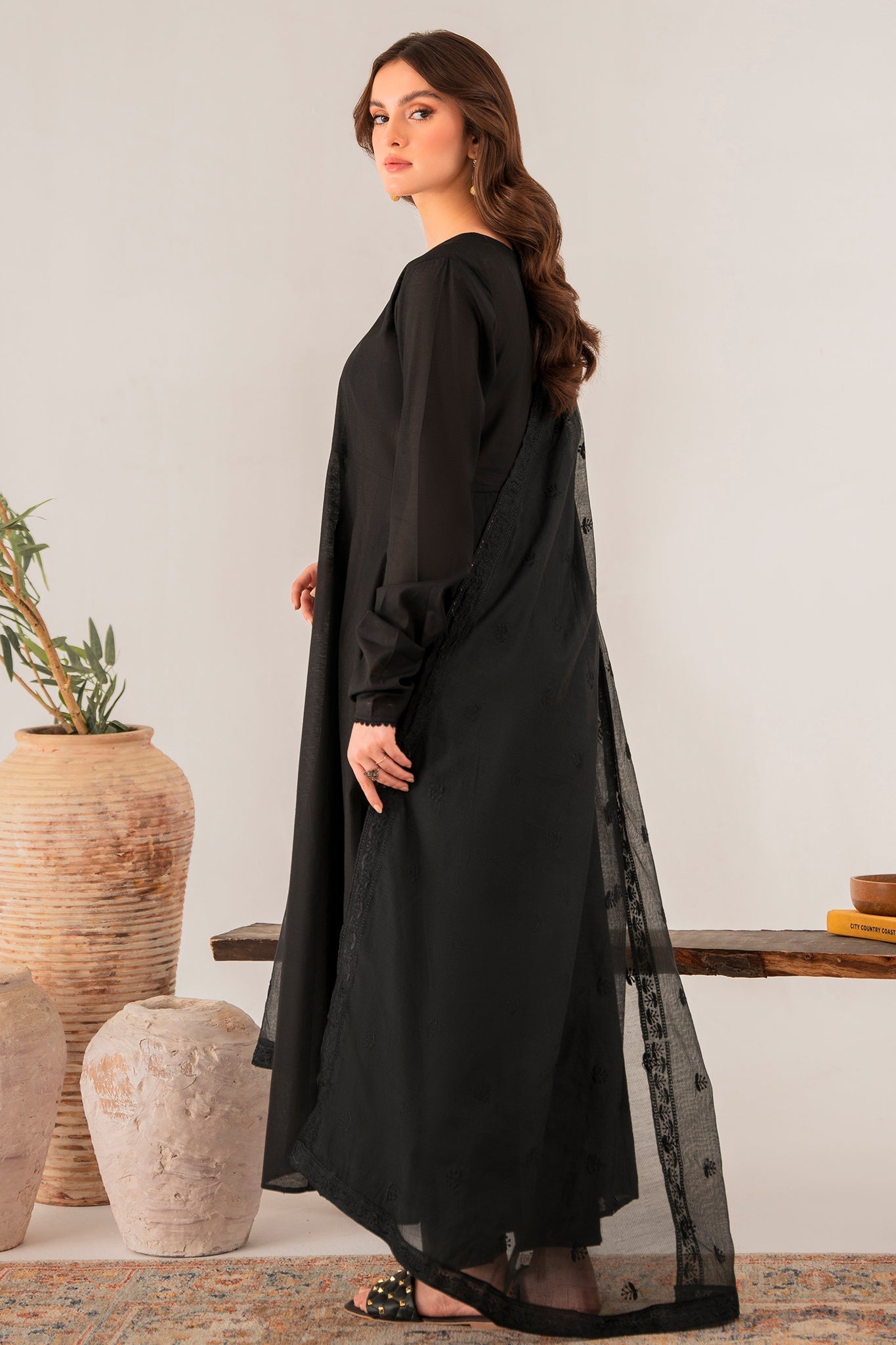 Elegant Ash Black Chambray Kattan Embroidered Cotton Net Dress Set